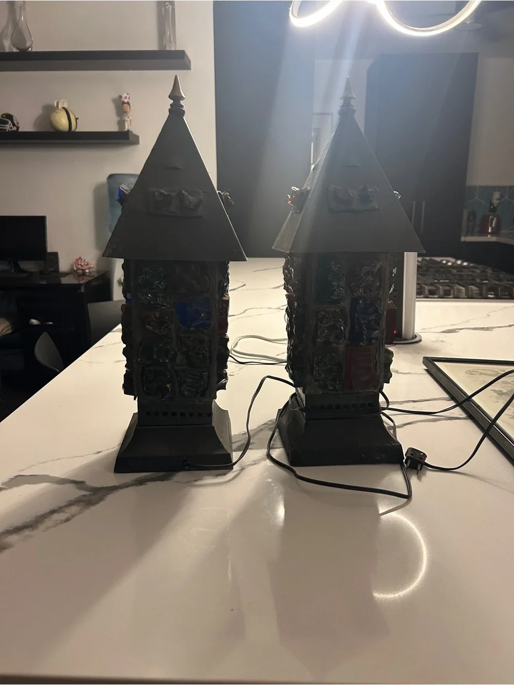 Multicolor Mosaic Glass Table Lantern Pair - Colorful Accent Lighting